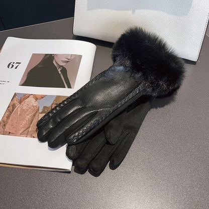 Women PU Leather Gloves for Cold Weather with Faux Fur Trim
