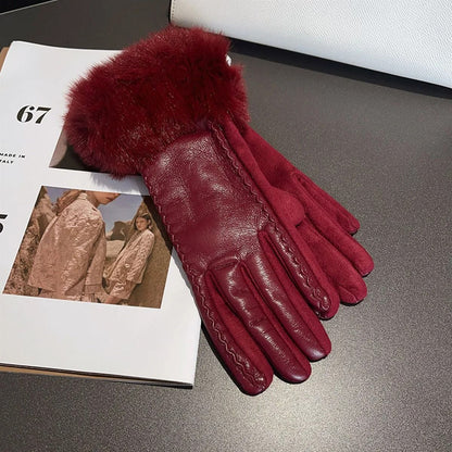 Women PU Leather Gloves for Cold Weather with Faux Fur Trim