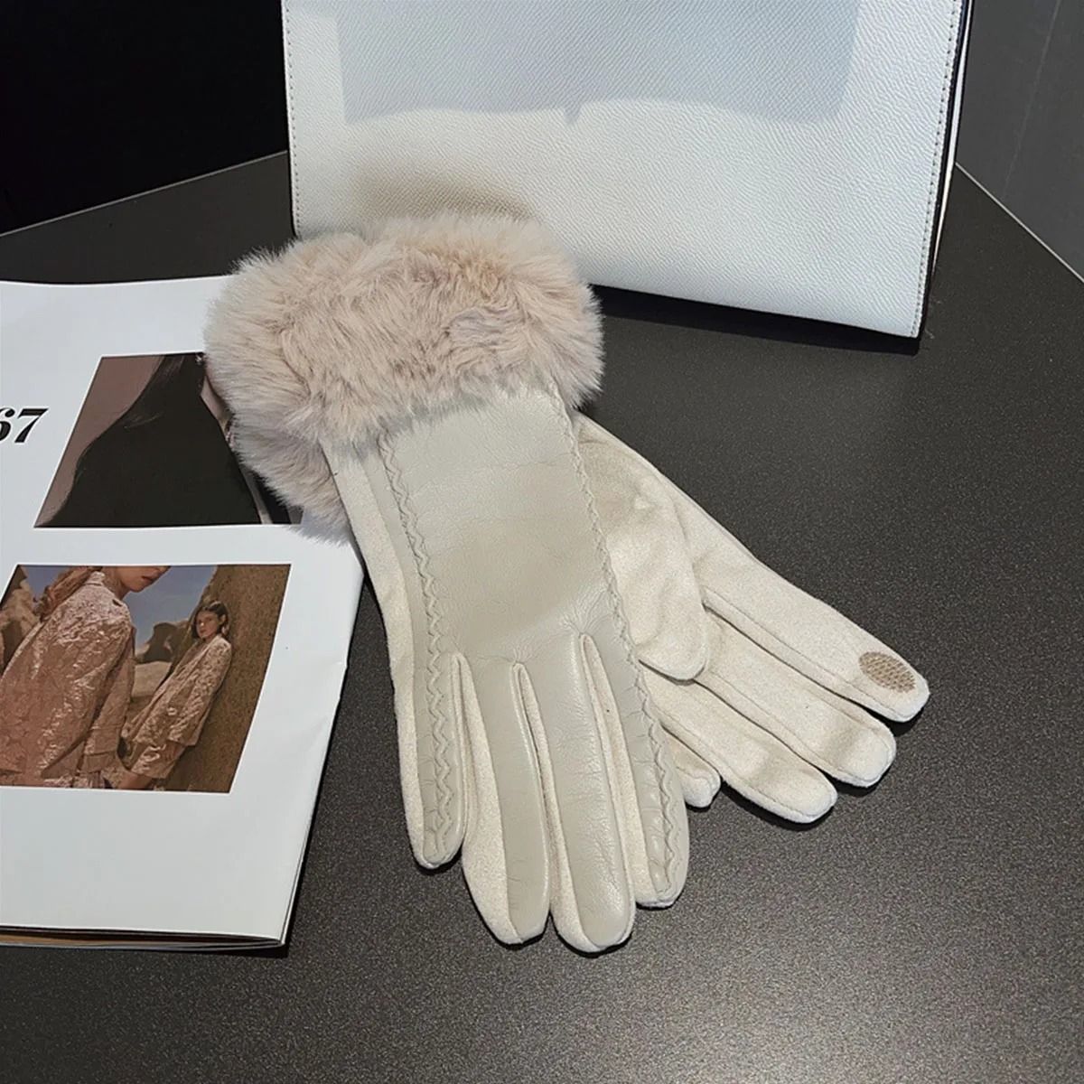 Women PU Leather Gloves for Cold Weather with Faux Fur Trim