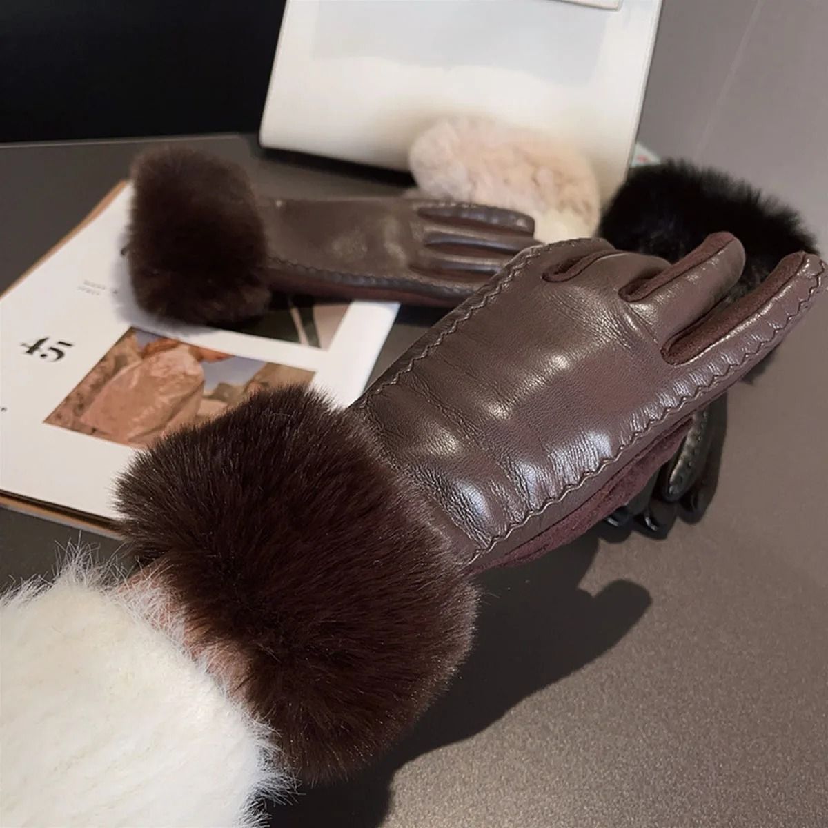 Women PU Leather Gloves for Cold Weather with Faux Fur Trim