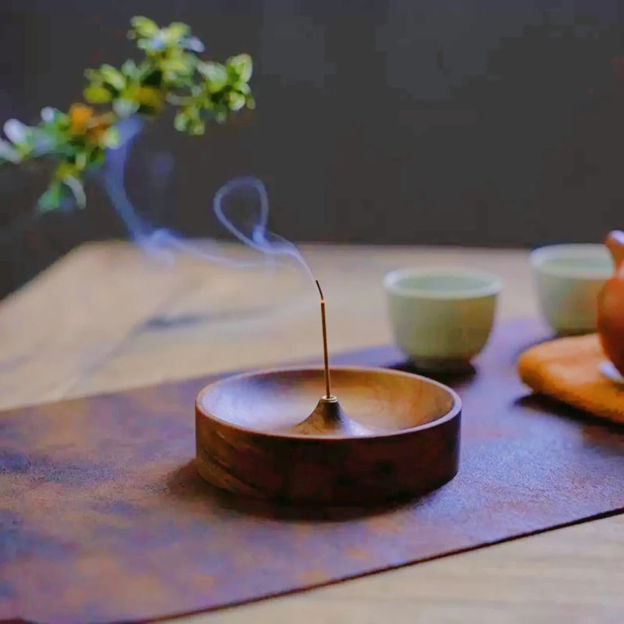 Solid Wood Incense Burner, Handmade Tea Ceremony Round Holder, Agarwood Tray for Stick Incense
