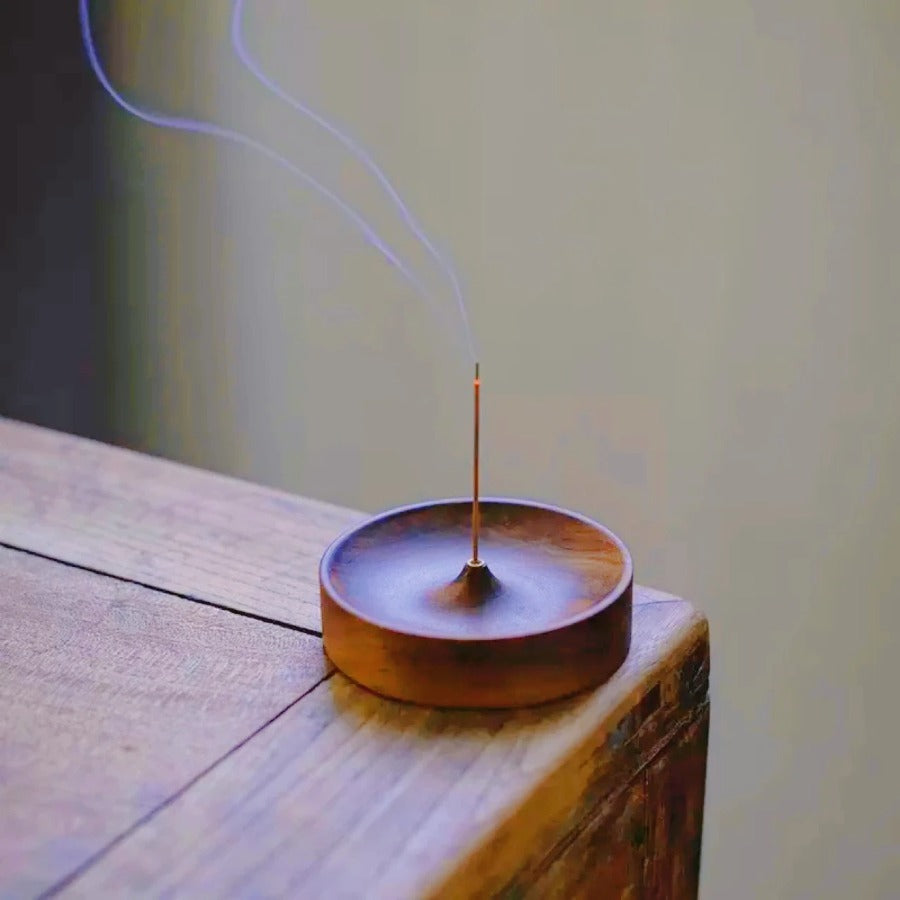 Solid Wood Incense Burner, Handmade Tea Ceremony Round Holder, Agarwood Tray for Stick Incense