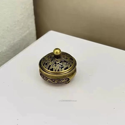 1Pc Antique Brass Dragon Phoenix Pocket Incense Burner, Chinese Hollow Mini Ornaments, Ancient Tea Desk Decor