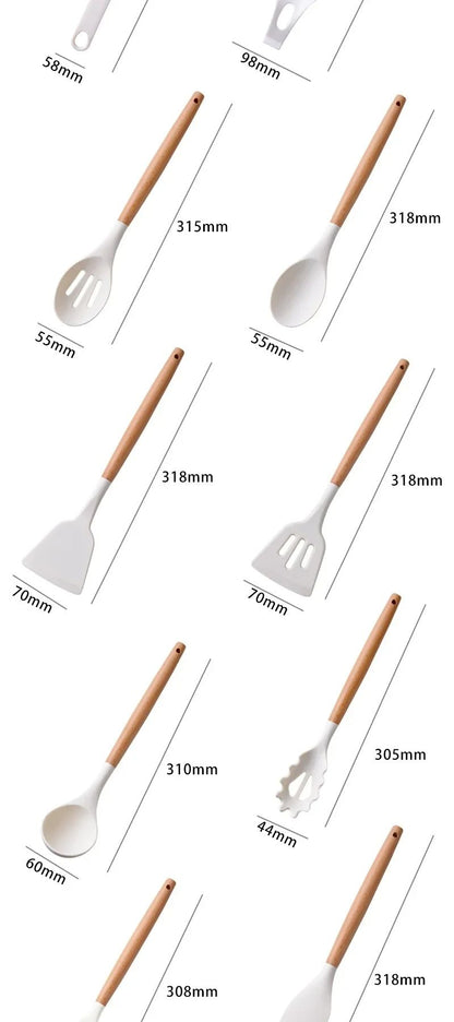 12Pcs Silicone Utensils Set Non Stick Cookware Spatula Shovel Egg Beaters Wooden Handle Kitchenware Cooking Tools