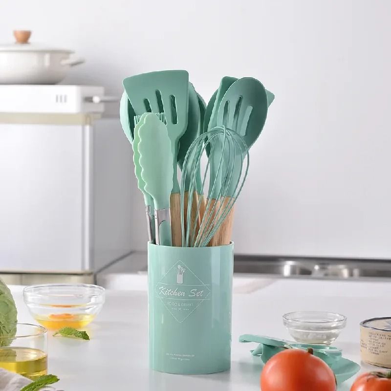 12Pcs Silicone Utensils Set Non Stick Cookware Spatula Shovel Egg Beaters Wooden Handle Kitchenware Cooking Tools