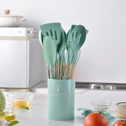 12Pcs Silicone Utensils Set Non Stick Cookware Spatula Shovel Egg Beaters Wooden Handle Kitchenware Cooking Tools
