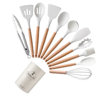 12Pcs Silicone Utensils Set Non Stick Cookware Spatula Shovel Egg Beaters Wooden Handle Kitchenware Cooking Tools