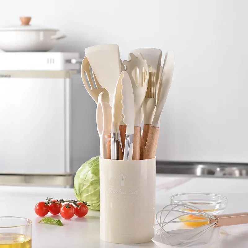 12Pcs Silicone Utensils Set Non Stick Cookware Spatula Shovel Egg Beaters Wooden Handle Kitchenware Cooking Tools