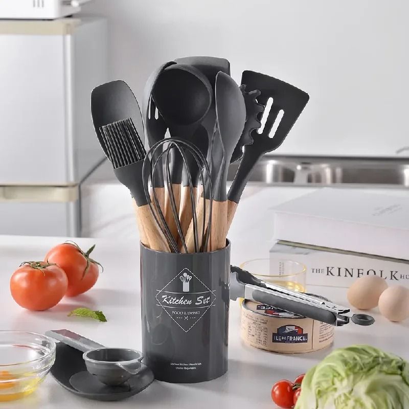 12Pcs Silicone Utensils Set Non Stick Cookware Spatula Shovel Egg Beaters Wooden Handle Kitchenware Cooking Tools