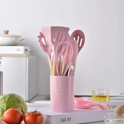 12Pcs Silicone Utensils Set Non Stick Cookware Spatula Shovel Egg Beaters Wooden Handle Kitchenware Cooking Tools