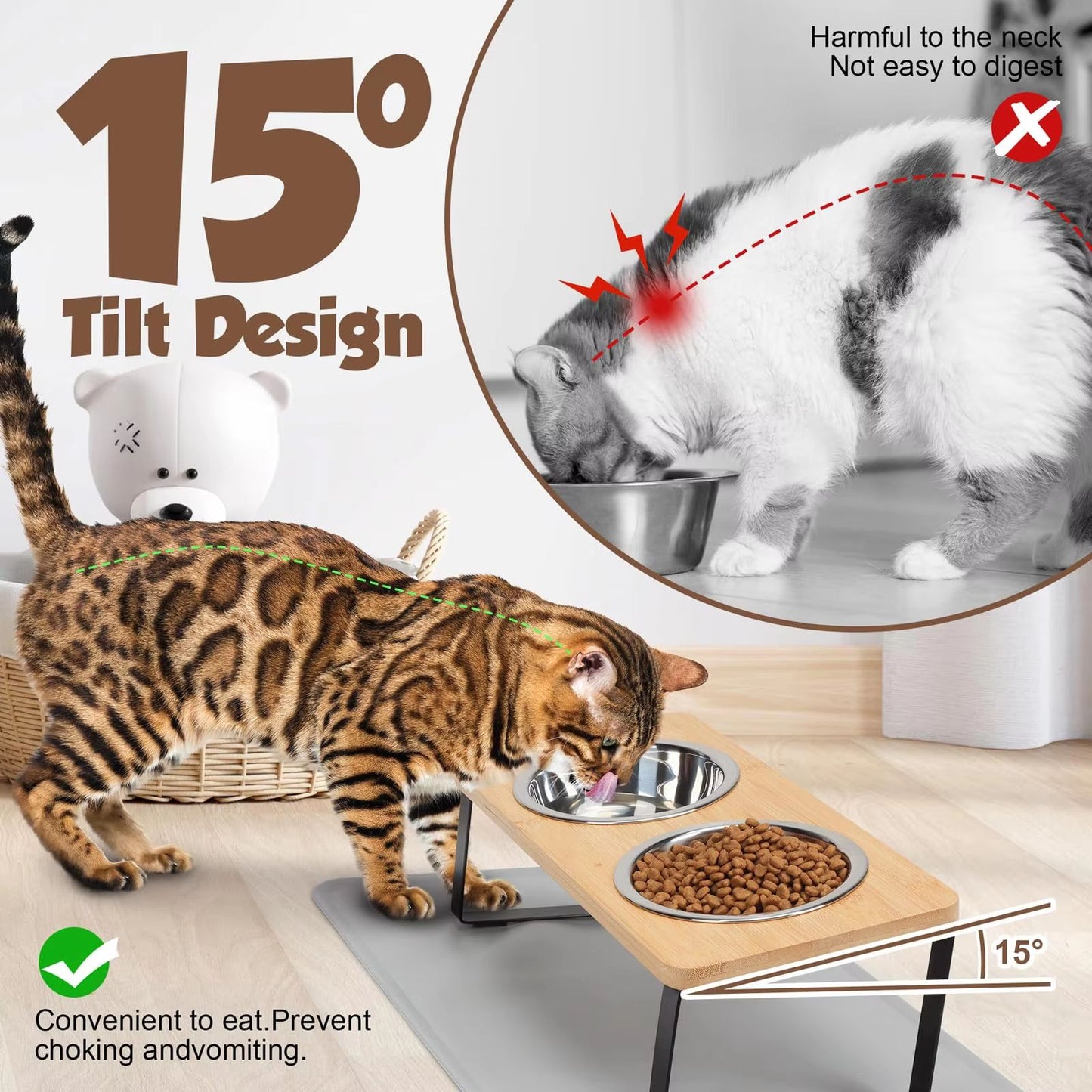 PawComfort Raised Cat Feeding Station – 15° Tilted Elevated Double Bowls with Wooden Stand