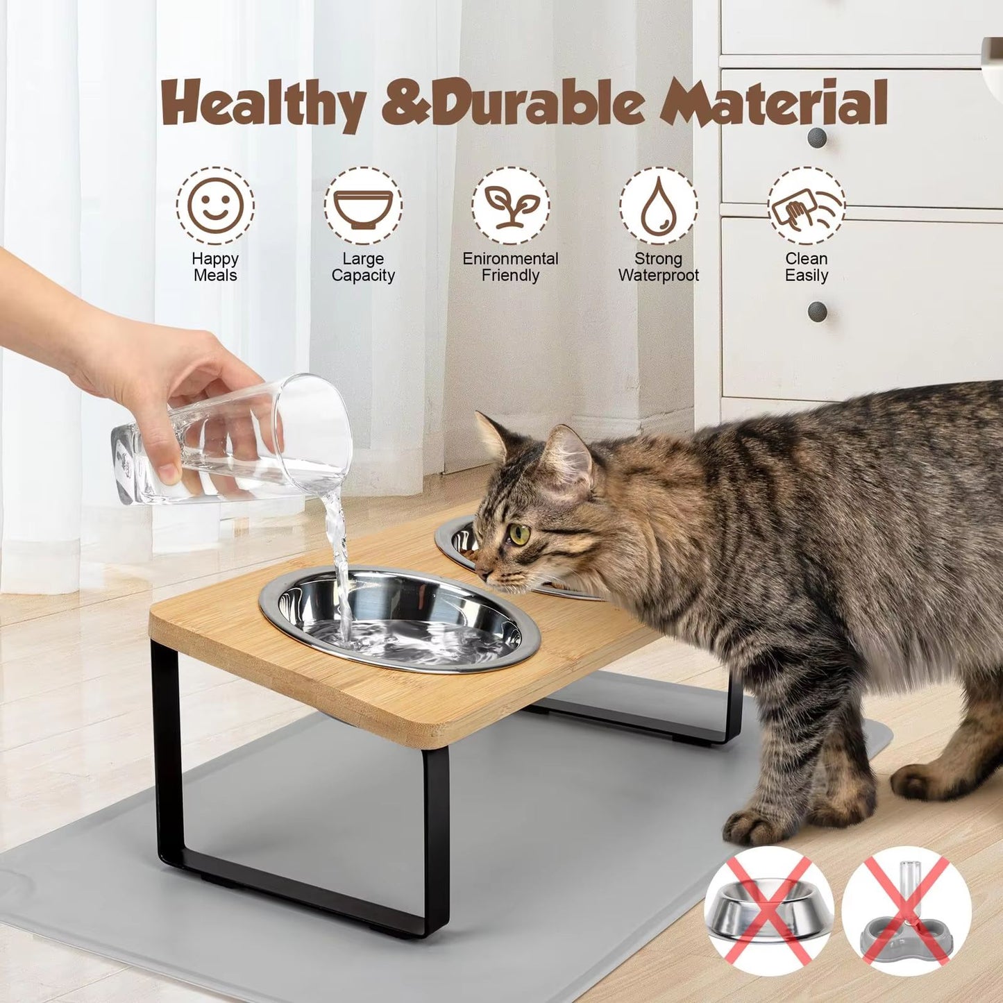 PawComfort Raised Cat Feeding Station – 15° Tilted Elevated Double Bowls with Wooden Stand