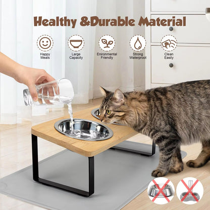 PawComfort Raised Cat Feeding Station – 15° Tilted Elevated Double Bowls with Wooden Stand