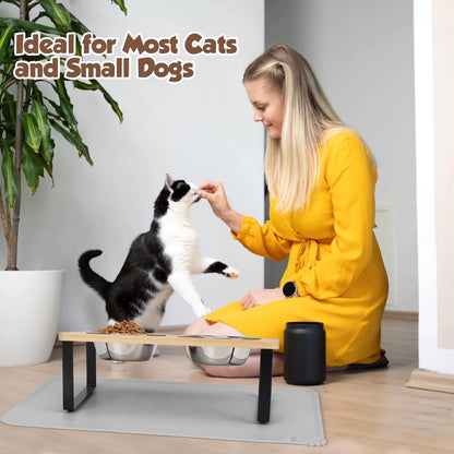 PawComfort Raised Cat Feeding Station – 15° Tilted Elevated Double Bowls with Wooden Stand
