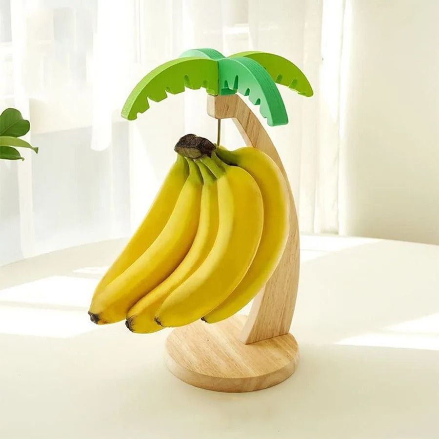 Wooden Banana Holder with Palm Leaf Design Fruit Hanging Rack