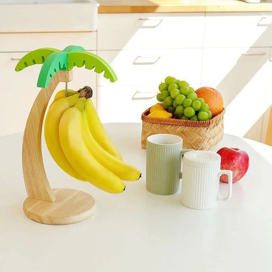 Wooden Banana Holder with Palm Leaf Design Fruit Hanging Rack