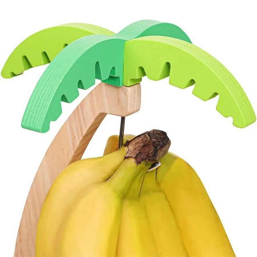 Wooden Banana Holder with Palm Leaf Design Fruit Hanging Rack