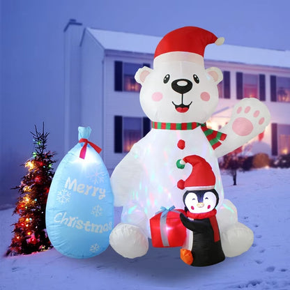 Christmas Inflatable Polar Bear Gift Bags, Penguin Outdoor Decoration with LED Rotating Lights, Courtyard Holiday Decor
