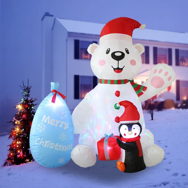 Christmas Inflatable Polar Bear Gift Bags, Penguin Outdoor Decoration with LED Rotating Lights, Courtyard Holiday Decor
