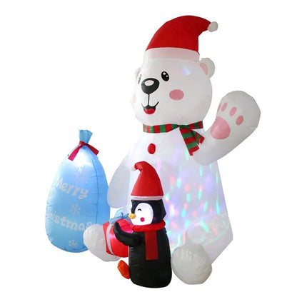 Christmas Inflatable Polar Bear Gift Bags, Penguin Outdoor Decoration with LED Rotating Lights, Courtyard Holiday Decor