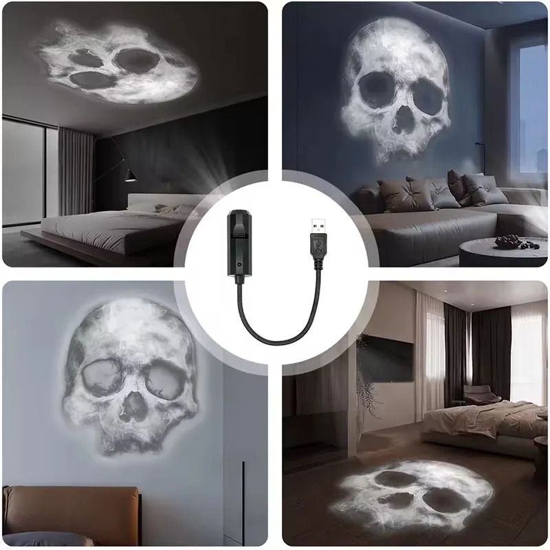 Halloween USB Projector Light Skull Nightlight Ghost LED Lamp 360 Degree Rotating Switchable Pattern
