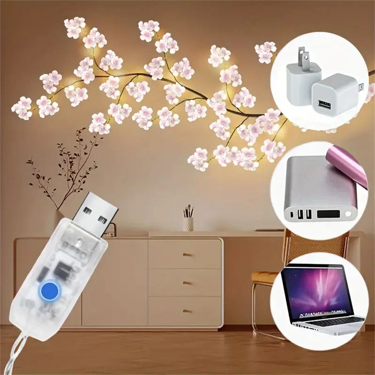 Cherry Blossom 96 LED Tree Branch Light – USB Rattan String Lamp with 8 Lighting Modes for Bedroom, Wedding and Holiday
