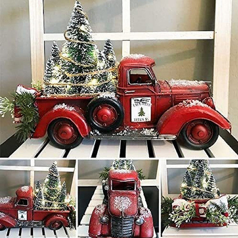 Metal Car With Mini Green Tree, Christmas Retro Red Truck Ornaments, Box Xmas Table Decoration
