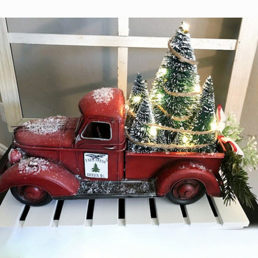 Metal Car With Mini Green Tree, Christmas Retro Red Truck Ornaments, Box Xmas Table Decoration