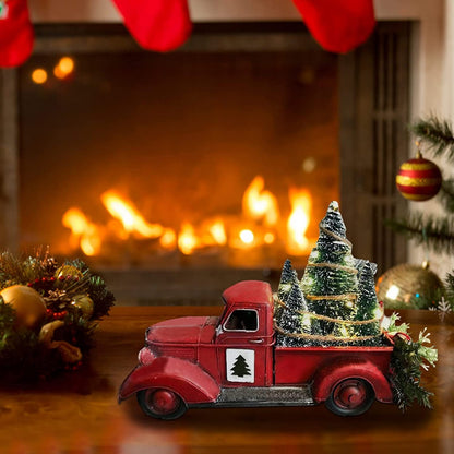 Metal Car With Mini Green Tree, Christmas Retro Red Truck Ornaments, Box Xmas Table Decoration