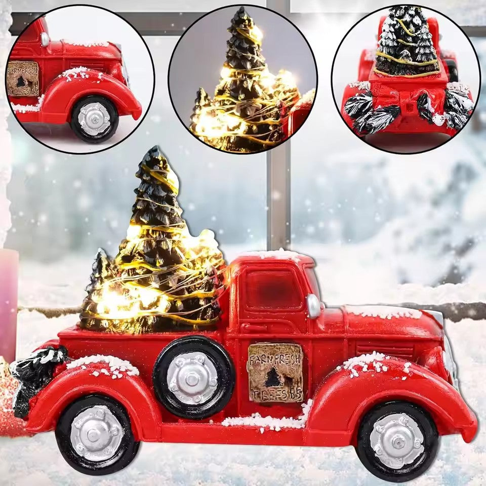 Metal Car With Mini Green Tree, Christmas Retro Red Truck Ornaments, Box Xmas Table Decoration