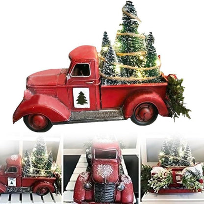 Metal Car With Mini Green Tree, Christmas Retro Red Truck Ornaments, Box Xmas Table Decoration