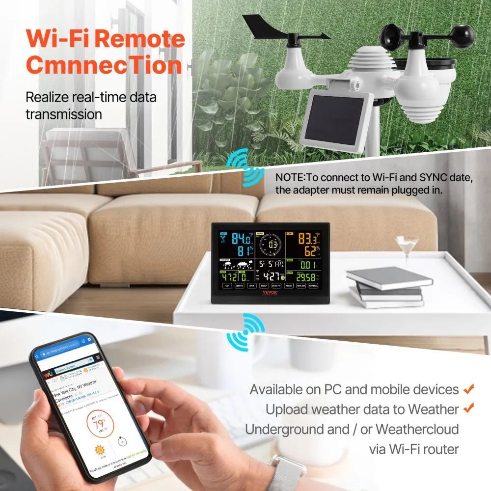 Home Weather Station Indoor Outdoor, Wi-Fi Weather Station, Color Display, Solar Wireless Outdoor Sensor, Alarm Alerts