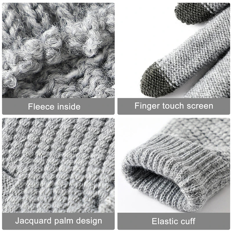 Touch Screen Gloves, Warm Winter Women Men, Full Finger Outdoor Cycling, Classical Knit Mittens Wool, Driving Glove