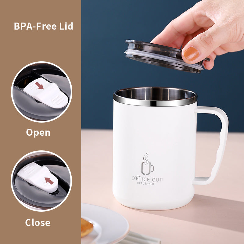Stainless Steel Coffee Mug, Double Layers Water Bottle, Milk Cup With Handle, Plastic Lid