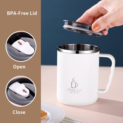 Stainless Steel Coffee Mug, Double Layers Water Bottle, Milk Cup With Handle, Plastic Lid