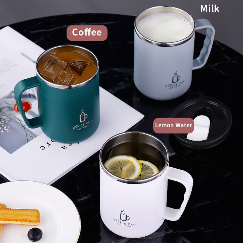 Stainless Steel Coffee Mug, Double Layers Water Bottle, Milk Cup With Handle, Plastic Lid