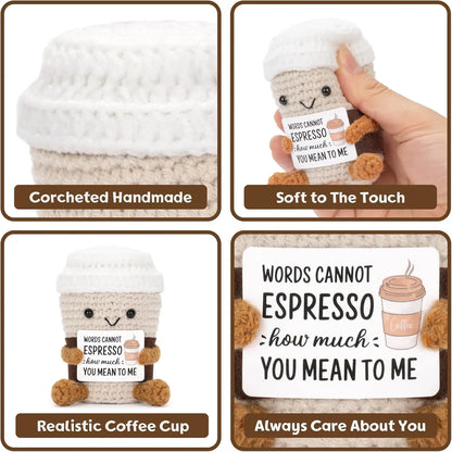 Funny Crochet Coffee Dolls, Handmade Emotional Support Doll, Desktop Ornament, Christmas Gifts, Home Decor, With Card