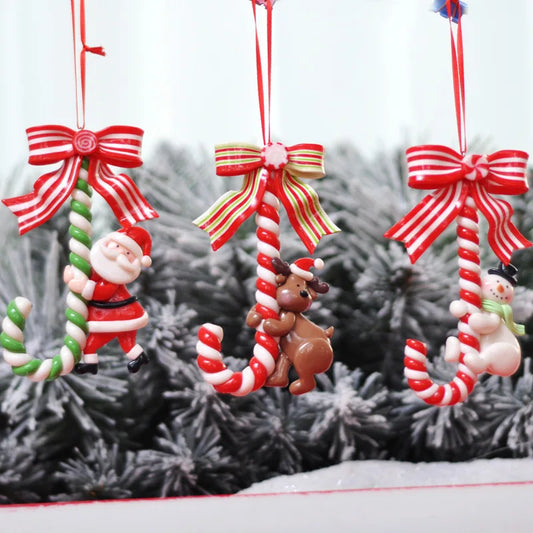 Snowman Cane Hanging Pendant, Christmas Soft Pottery Santa Claus, Xmas Tree Ornaments, New Years Navidad