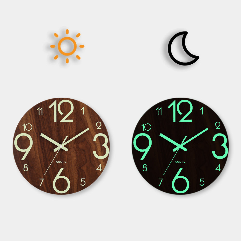 Luminous Wall Clock, Wood Silent Non Ticking Clock, Nordic Fashion Light in Dark Night Wall Clock with Night Light