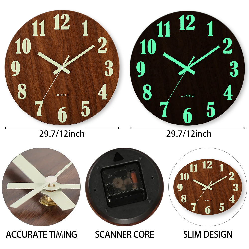 Luminous Wall Clock, Wood Silent Non Ticking Clock, Nordic Fashion Light in Dark Night Wall Clock with Night Light