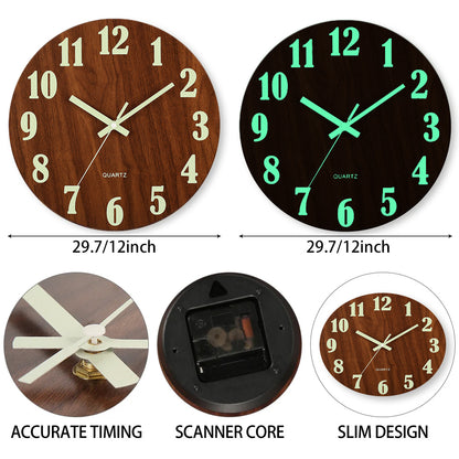 Luminous Wall Clock, Wood Silent Non Ticking Clock, Nordic Fashion Light in Dark Night Wall Clock with Night Light