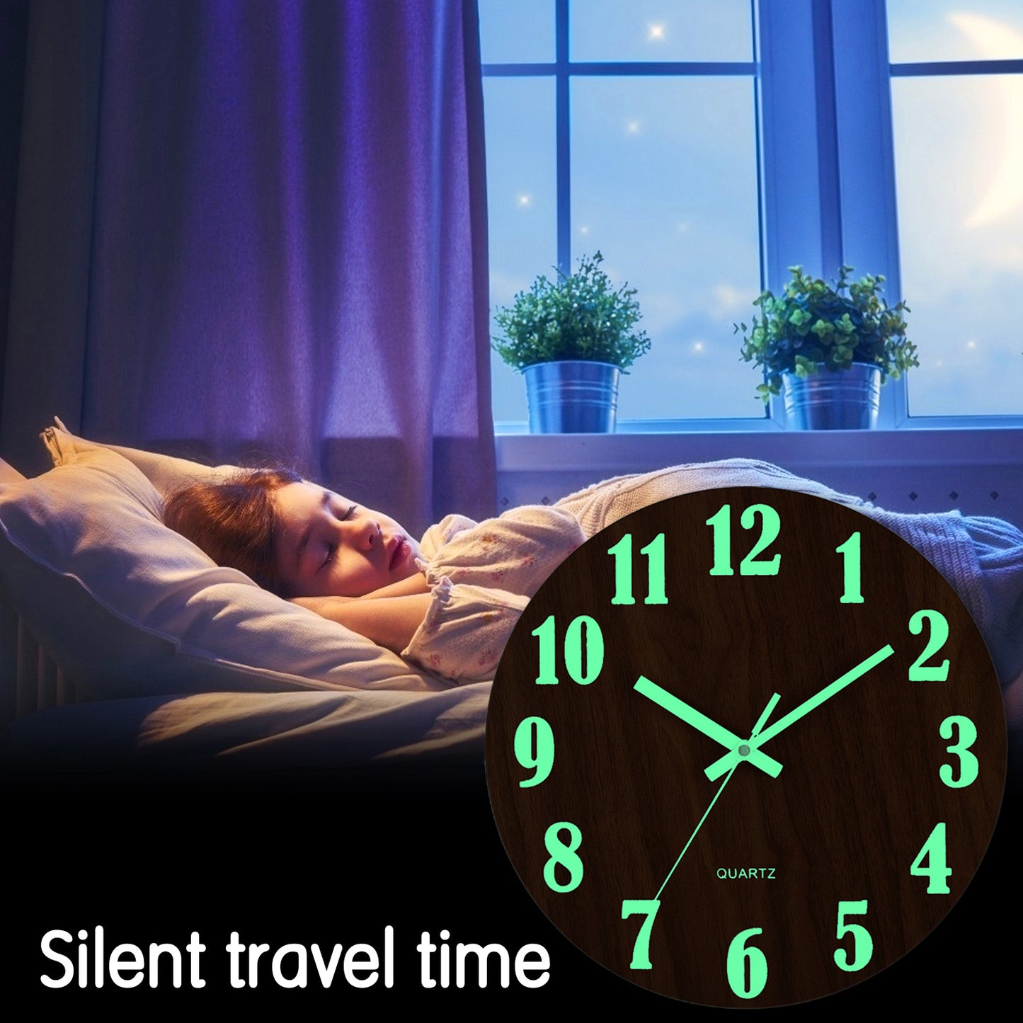 Luminous Wall Clock, Wood Silent Non Ticking Clock, Nordic Fashion Light in Dark Night Wall Clock with Night Light
