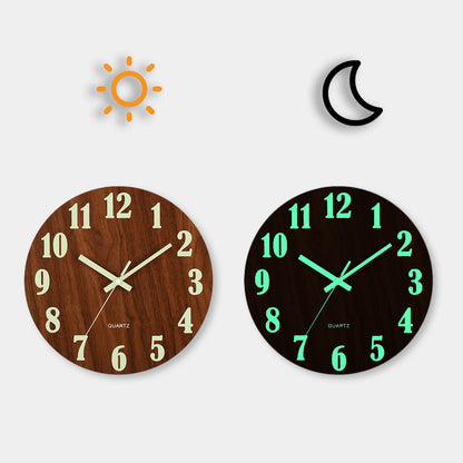 Luminous Wall Clock, Wood Silent Non Ticking Clock, Nordic Fashion Light in Dark Night Wall Clock with Night Light