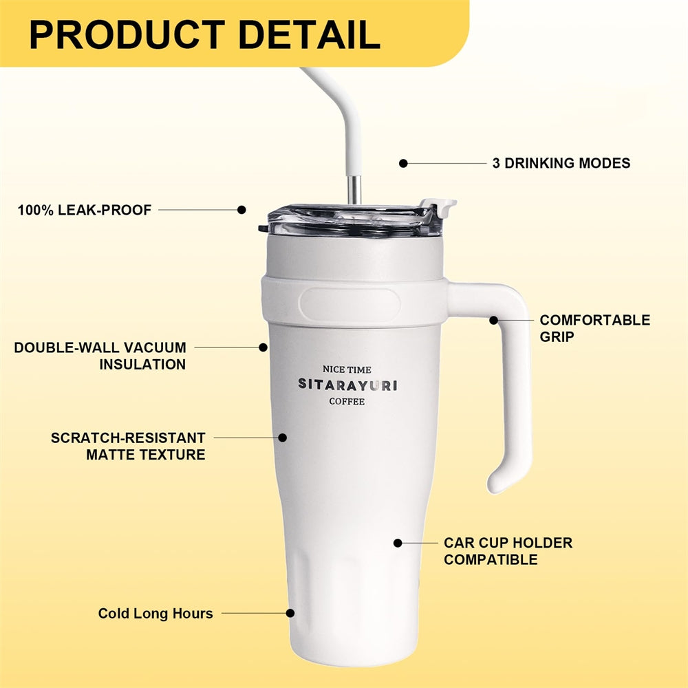Stainless Steel Insulated Cup with Handle & Straw, Ice Tumbler Keeps Cold for Car, Coffee, Water