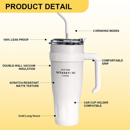 Stainless Steel Insulated Cup with Handle & Straw, Ice Tumbler Keeps Cold for Car, Coffee, Water