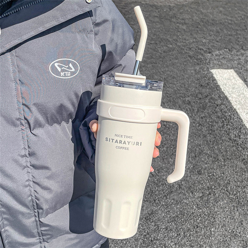 Stainless Steel Insulated Cup with Handle & Straw, Ice Tumbler Keeps Cold for Car, Coffee, Water