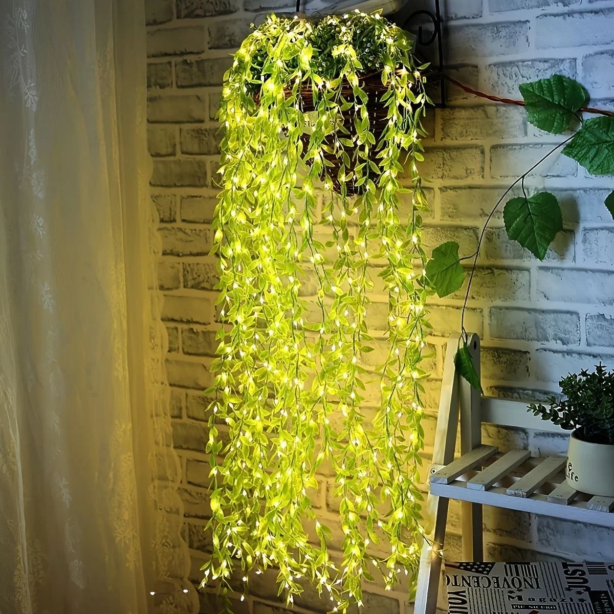 2M 20 Light Always On Battery Box Willow Curtain Lamp Decorative Light String Imitation Leaf Wrought Iron Basket Copper