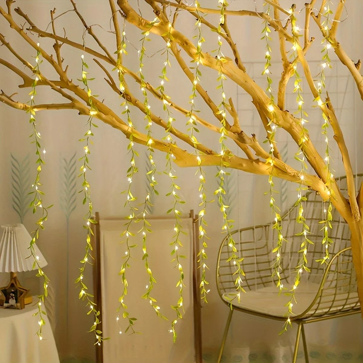 2M 20 Light Always On Battery Box Willow Curtain Lamp Decorative Light String Imitation Leaf Wrought Iron Basket Copper