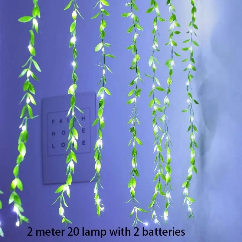 2M 20 Light Always On Battery Box Willow Curtain Lamp Decorative Light String Imitation Leaf Wrought Iron Basket Copper