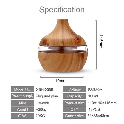 Wood Grain Ultrasonic Aroma Humidifier 300ml Cool Mist Maker